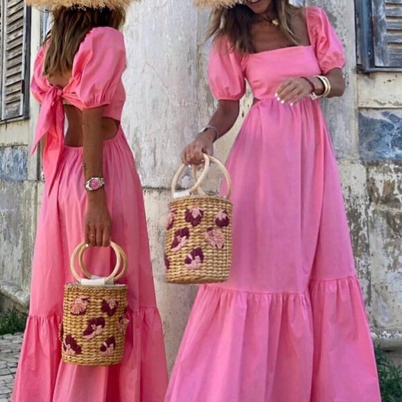 . Dresses & Skirts - Pink Casual Women's Summer Holiday Solid Color Square Neck Puff Sleeve Dress